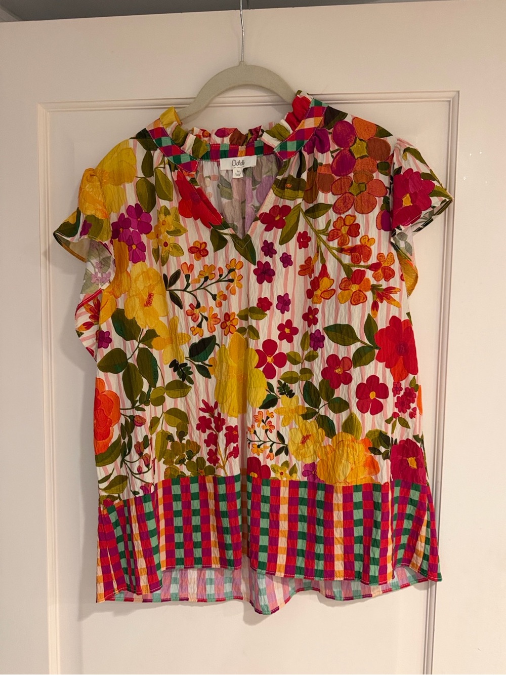 Odile Floral Flutter-Sleeve Blouse in White with Multicolor Blooms